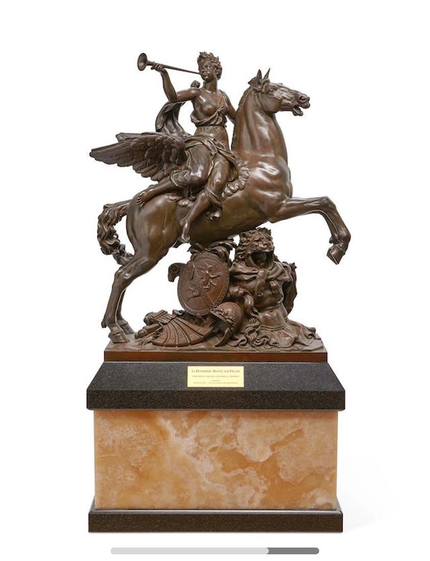 A French Bronze on Onyx & Granite Plinth By Gautier: A French patina-ted bronze figure of Fame riding Pegasus sounding a trumpet By Gautier, after a model by Antoine Coysevox (1640-1720). Late 19th century. On a later onyx and granite plinth. height of