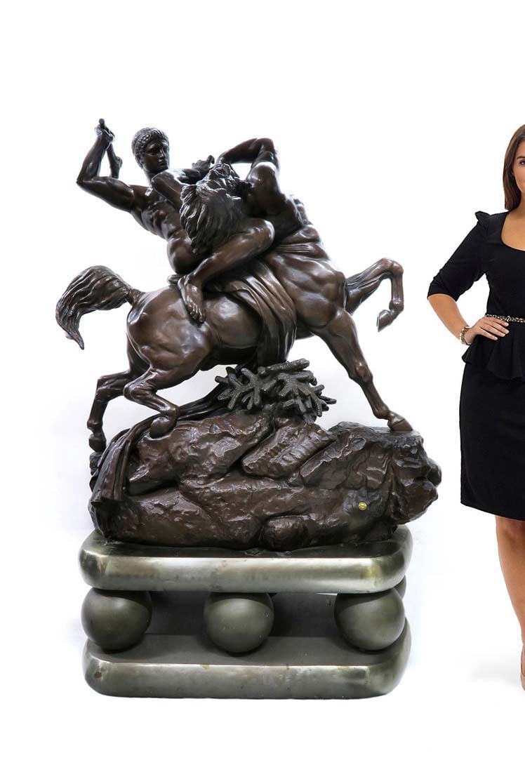 Monumental F.Barbedienne A.L Barye By Tiffany & Co.: A LARGE AND RARE FRENCH PATINATED BRONZE FIGURAL GROUP ENTITLED 'THESEE COMBATTANT LE CENTAURE BIENOR' (THESEUS BATTLING THE CENTAUR BIENOR) RETAILED BY TIFFANY & CO, CAST BY BARBEDIENNE FROM A MODEL 