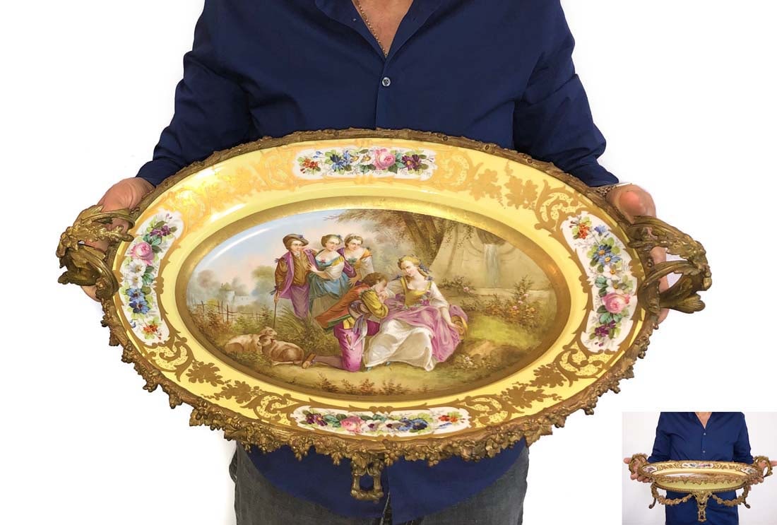 A Large French Sevres Bronze & Porcelain Centerpiece: A Large French Sevres Bronze & Hand Painted Porcelain Centerpiece, 19th Century. L 24" x W 14.1/2" x H 9.1/2"