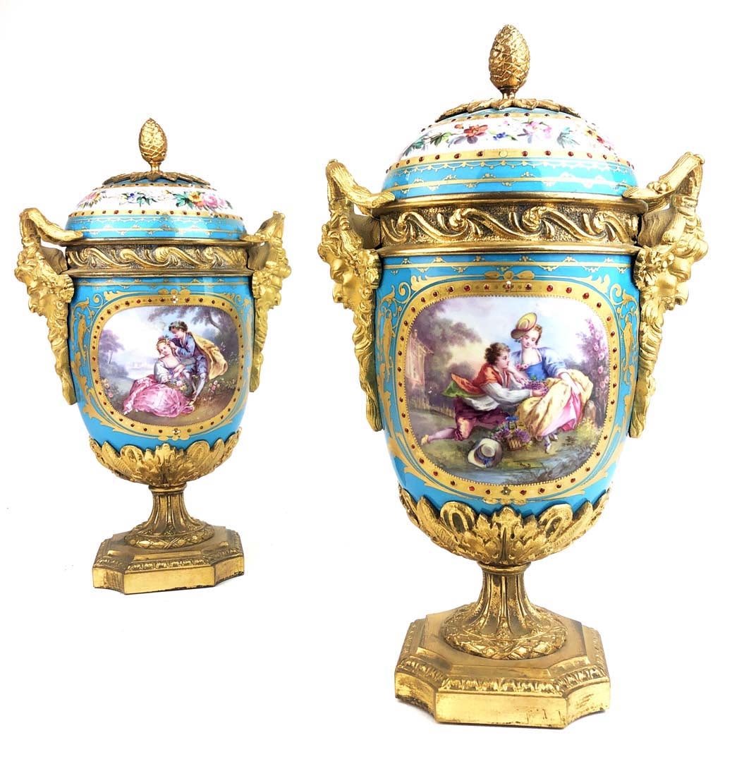 A Pair of French Sevres Porcelain & Bronze Vases: A Pair of French Sevres Porcelain & Bronze Vases. H 11" x W 6"