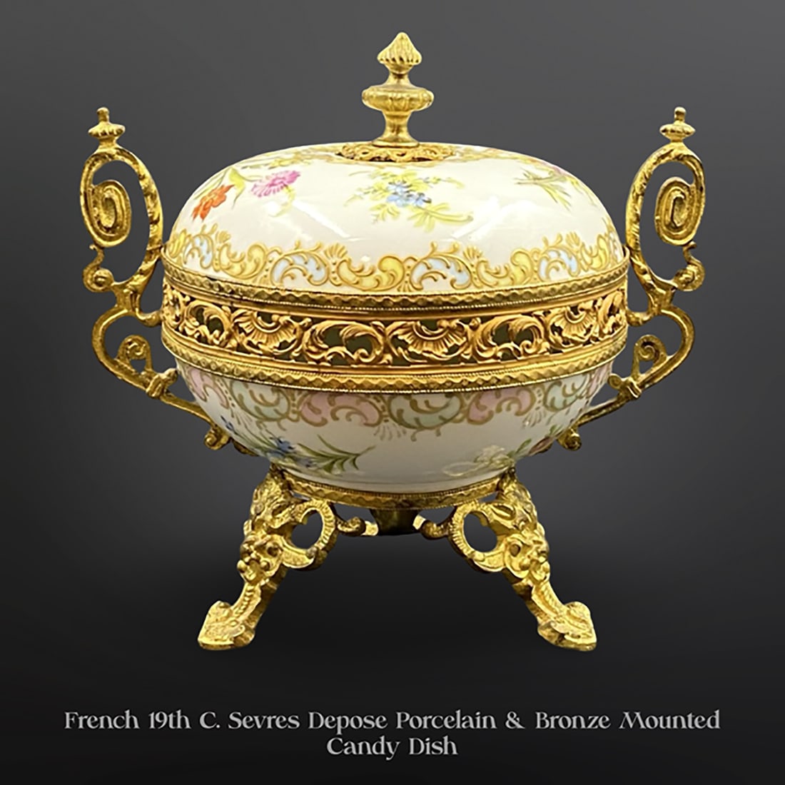 19th C. French Sevres Depose Porcelain & Bronze Lidded Candy Dish: 19th C. French Sevres Depose Hand Painted Porcelain & Bronze Candy Dish. H 7.25" x L 7.75"