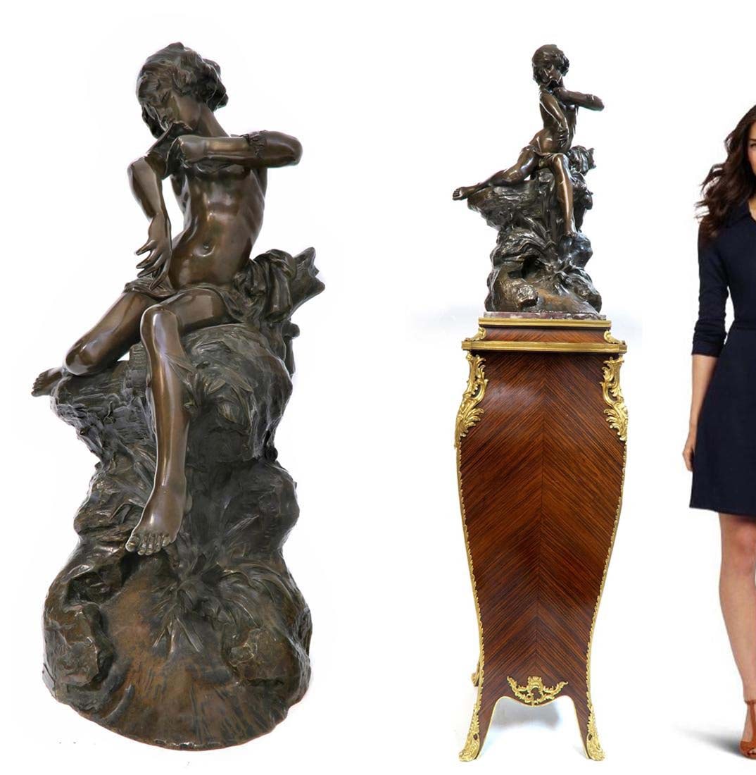 19th C. Louis Prost Large French Bronze Figure: A FRENCH PATINA-TED BRONZE FIGURE, TITLED 'L'AMOUR BLESSE', CAST FROM A MODEL BY LOUIS PROST, LATE 19TH CENTURY. Signed Louis Prost with brass title plaquette. NOTE: Pedestal Not included! H 28" x W 1