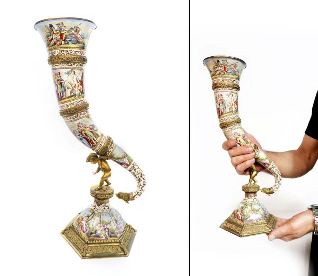 Very Large 19th C. Viennese Enameled Miniature Horn (1 of 14)