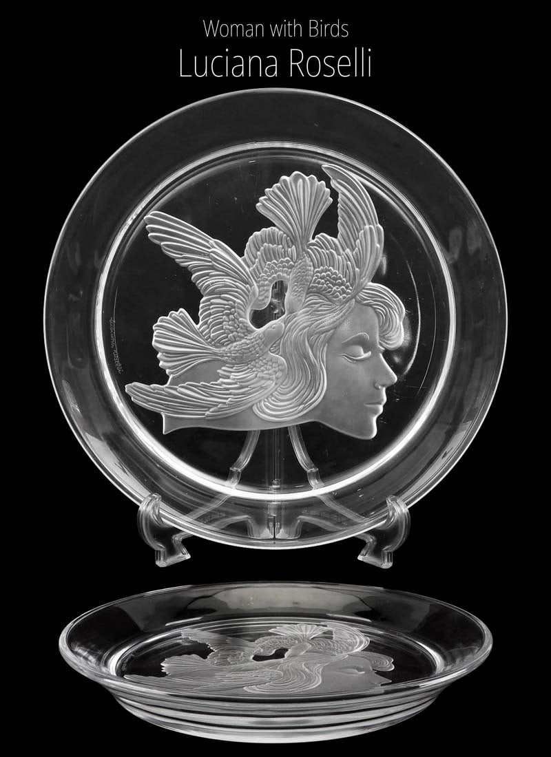 A Large Luciana Roselli Woman W/ Birds Heavy Crystal Charger Plate Designed For Lalique, Signed: Woman with Birds, A Large Vintage Luciana Roselli Signed Frosted & Clear Heavy Crystal Decorative Charger Plate, Designed For Lalique Collection. D 12.5" x H 1.5". About artist: Luciana Roselli is an 