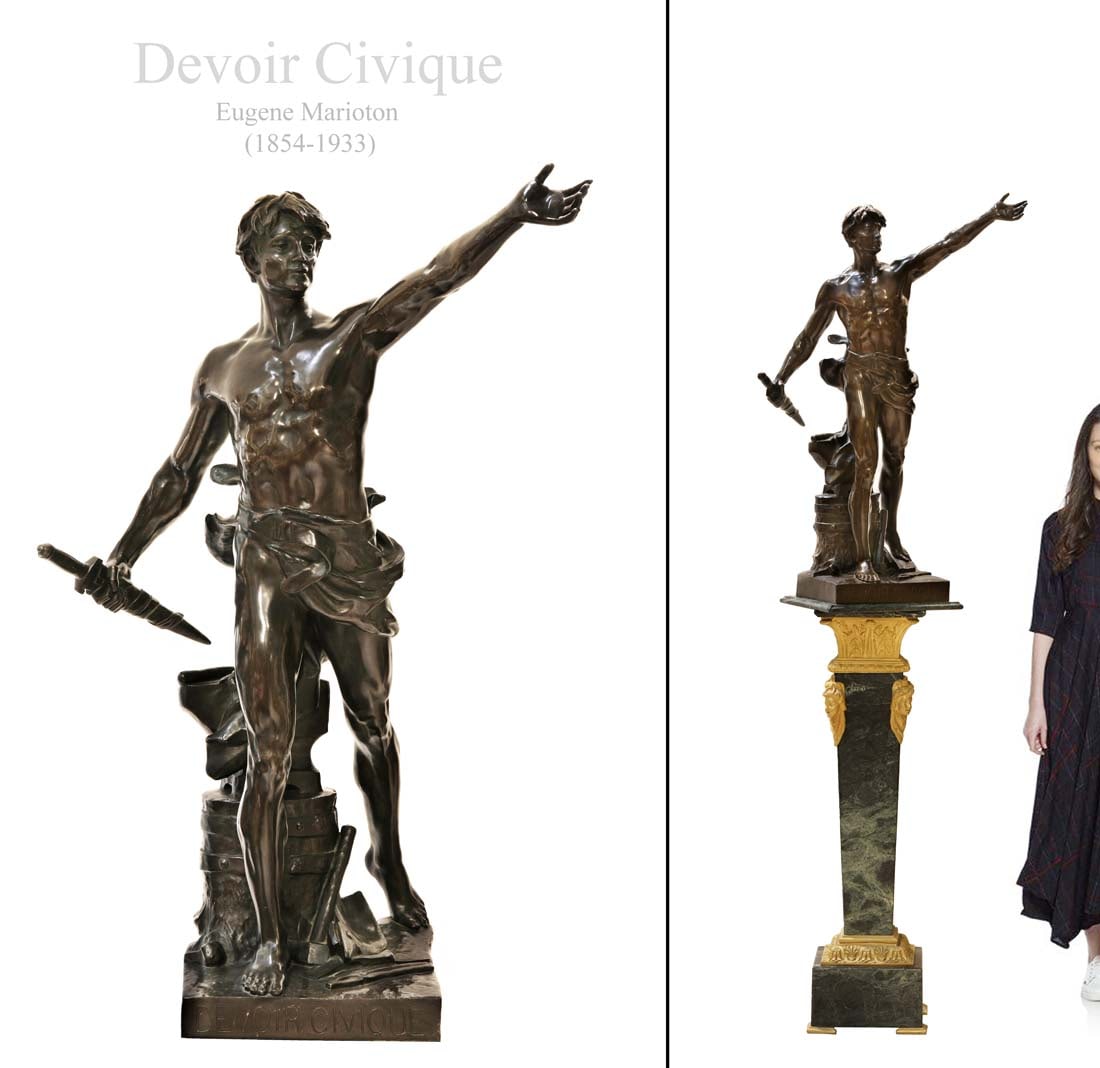 Devoir Civique 19th C. French Patinated Bronze Sculpture, Eugene Marioton Signed: Devoir Civique 19th C. French Patinated Bronze Statue By Eugene Marioton (1854-1933). Note: The pedestal is NOT included! H 27" x L 23" x W 22"
