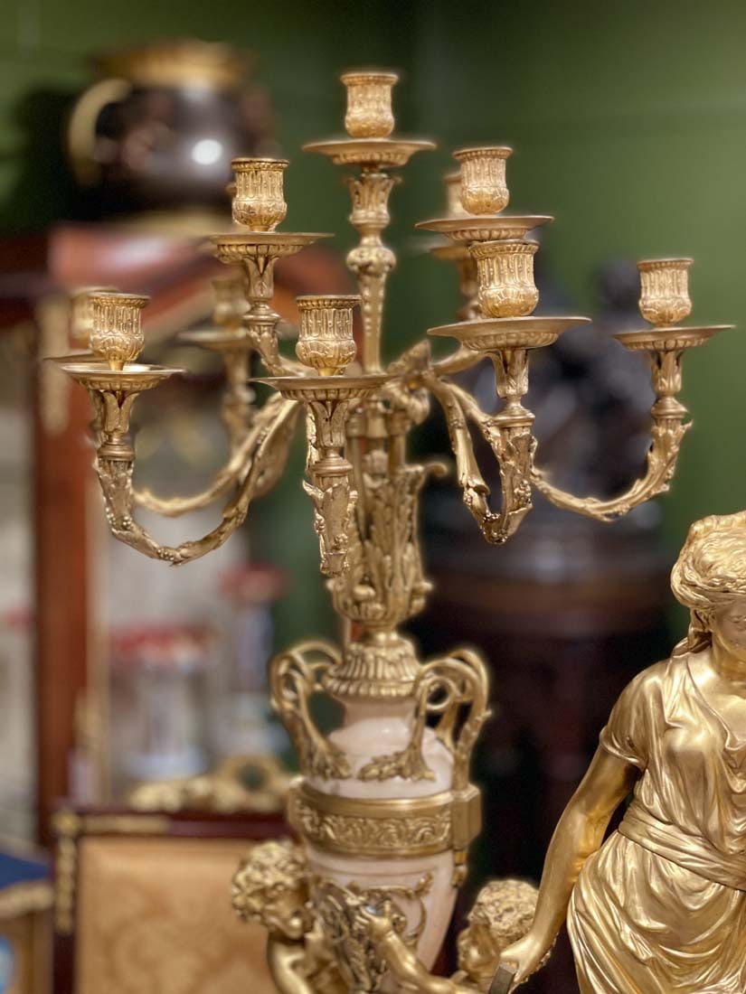 19th C. French Figural Bronze Marble Clock Set - 7