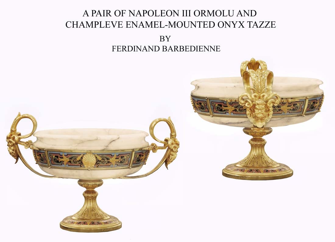 A PAIR OF 19TH C. F.BARBEDIENNE NAPOLEON III BRONZE CHAMPLEVE ONYX TAZZE/CENTERPIECE: A PAIR OF THIRD QUARTER 19TH CENTURY FRENCH FERDINAND BARBEDIENNE NAPOLEON III ORMOLU AND CHAMPLEVE ENAMEL-MOUNTED ONYX TAZZE/CENTERPIECE, PARIS. H 8.25" (21 cm.) X W 15.25" (39 cm.) X 9" (23 cm.)