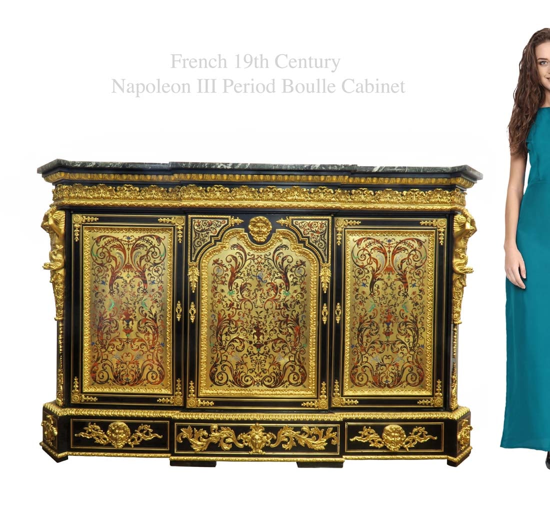 19th C French Napoleon III Period Bronze Boulle Cabinet: 19th Century French Napoleon III Period ormolu mounted Boulle Cabinet. 68.5" x 18.5" x H 42.5"