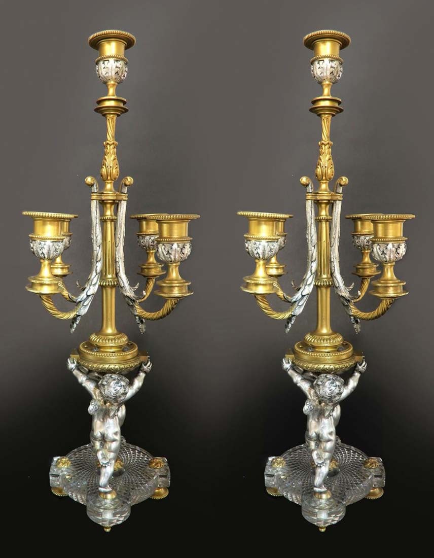 19th C. Pair of Bronze & Baccarat Crystal Candelabras - 2