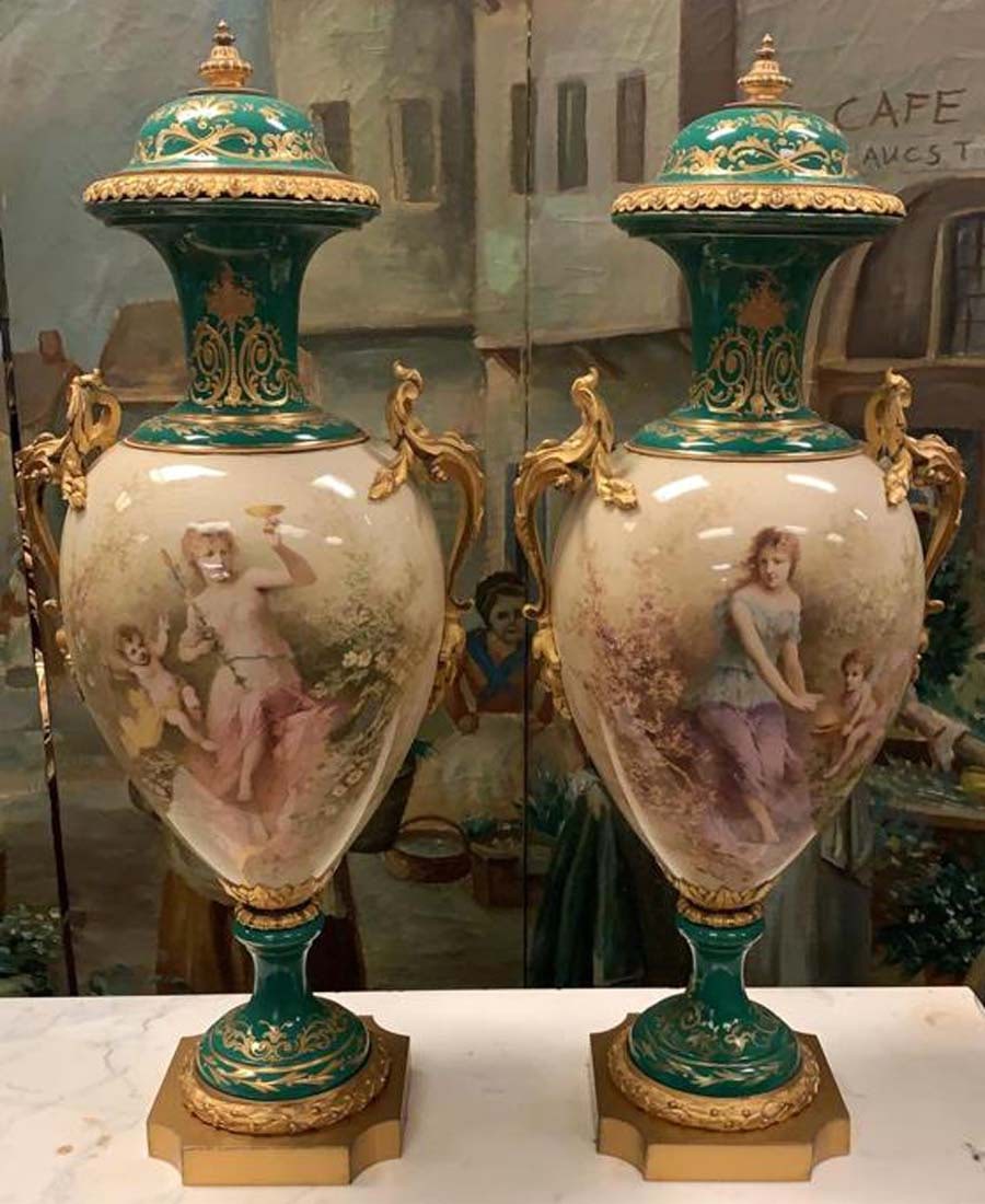 PAIR OF 19TH C ORMOLU-MOUNTED SEVRES GREEN LIDDED VASES - 2