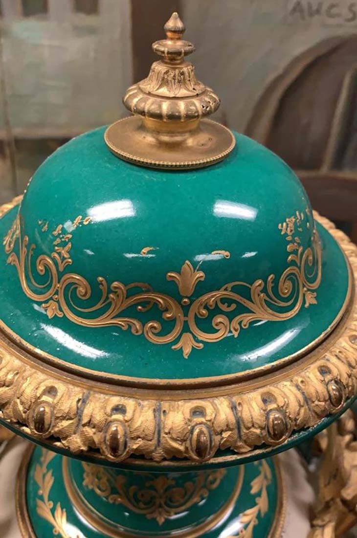 PAIR OF 19TH C ORMOLU-MOUNTED SEVRES GREEN LIDDED VASES - 3