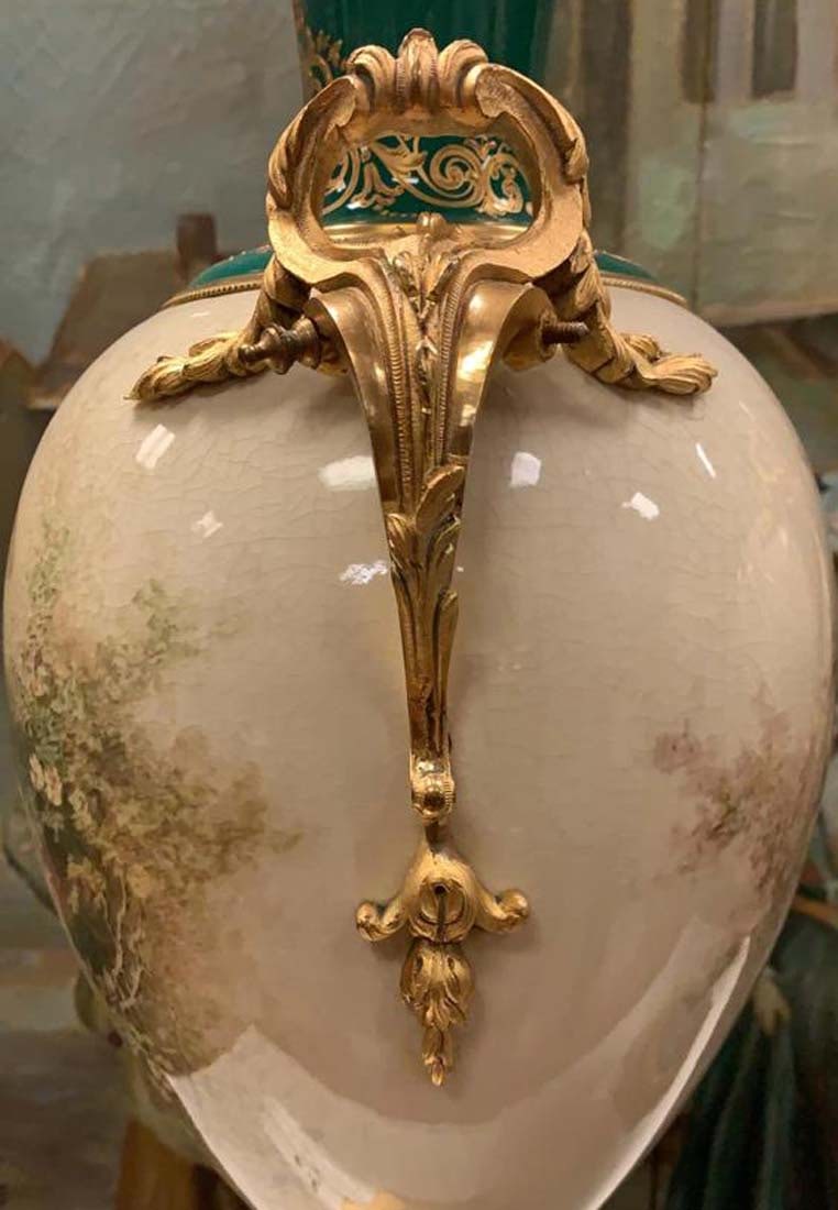 PAIR OF 19TH C ORMOLU-MOUNTED SEVRES GREEN LIDDED VASES - 4