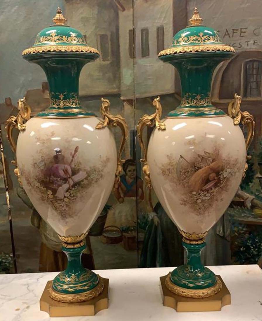 PAIR OF 19TH C ORMOLU-MOUNTED SEVRES GREEN LIDDED VASES - 7