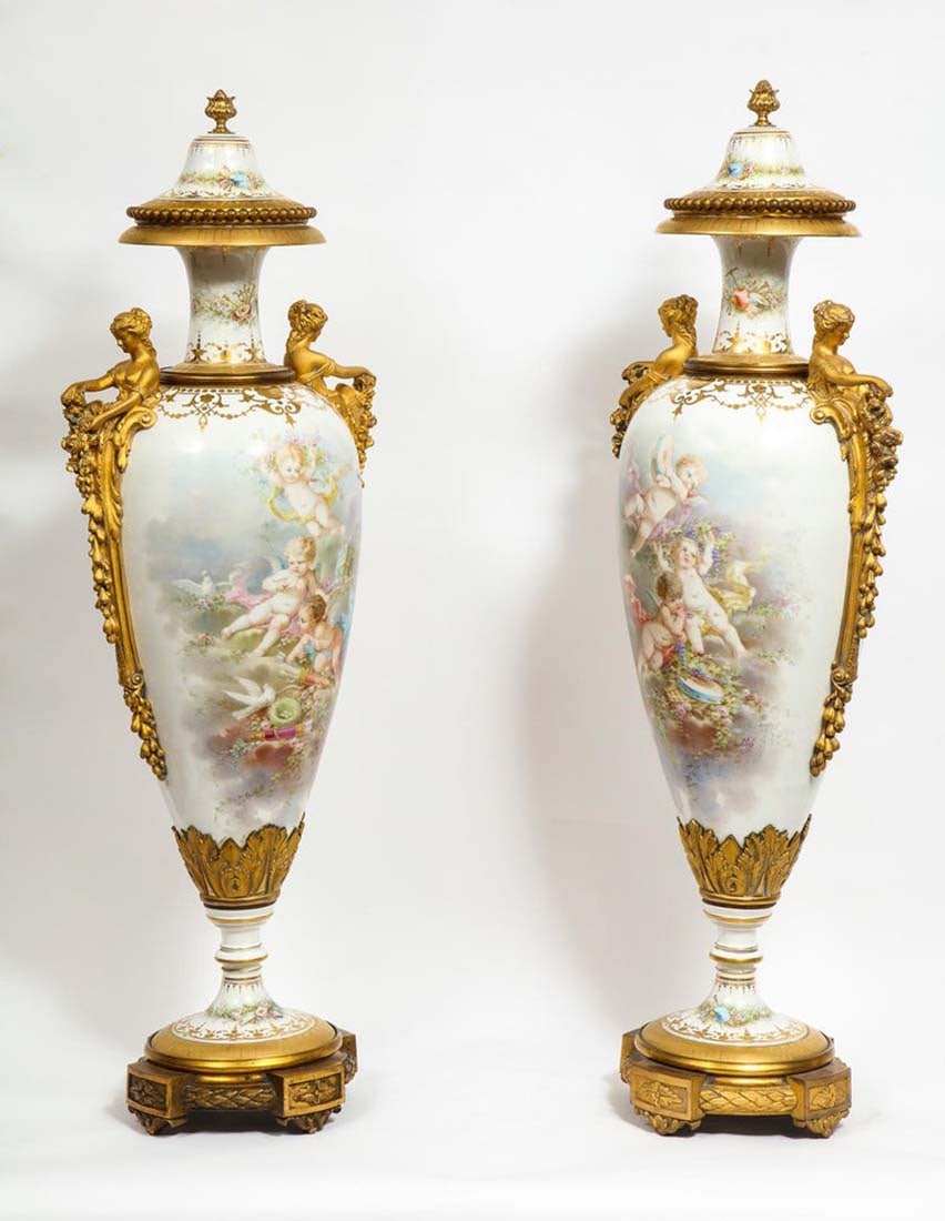 A Very Rare Pair of Gilt Figural Bronze Sevres Vases - 3