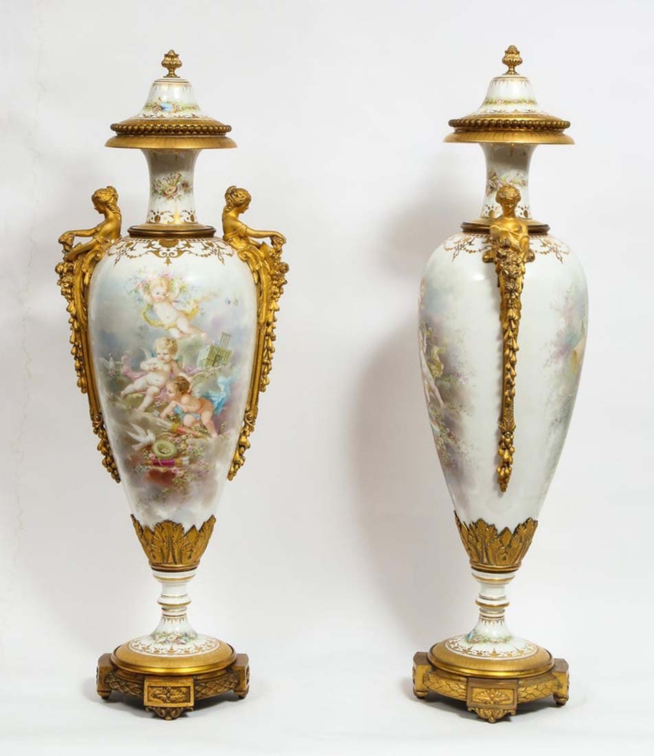A Very Rare Pair of Gilt Figural Bronze Sevres Vases - 8