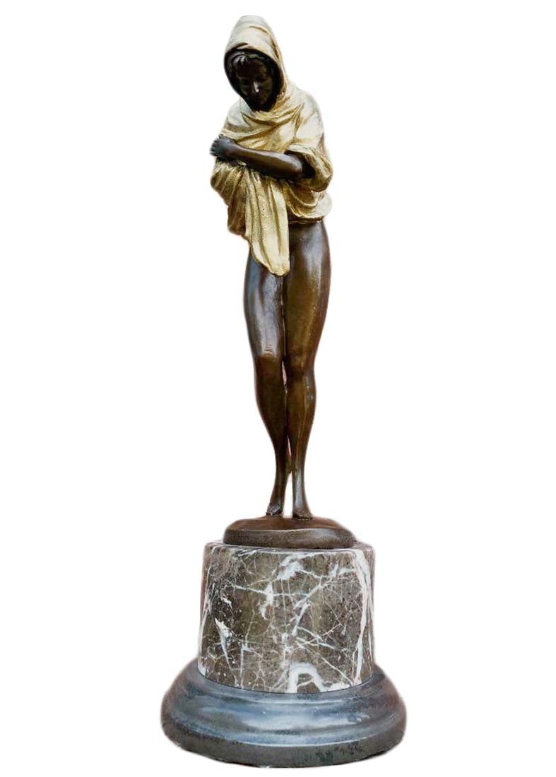The Shawl, Patina-ted Bronze Sculpture, D.Alonzo Signed: The Shawl, Orientalist Patina-ted Bronze Sculpture on Marble Base, Dominique Alonzo Signed. Total Size: H 18.1/2" x D 6"