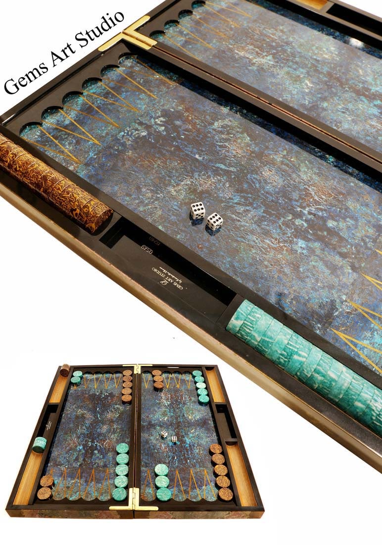 A Gems Art Studio Multi Gems Backgammon: Multi Gems (Malachite, Lapis) Backgammon by Gems art Studio.