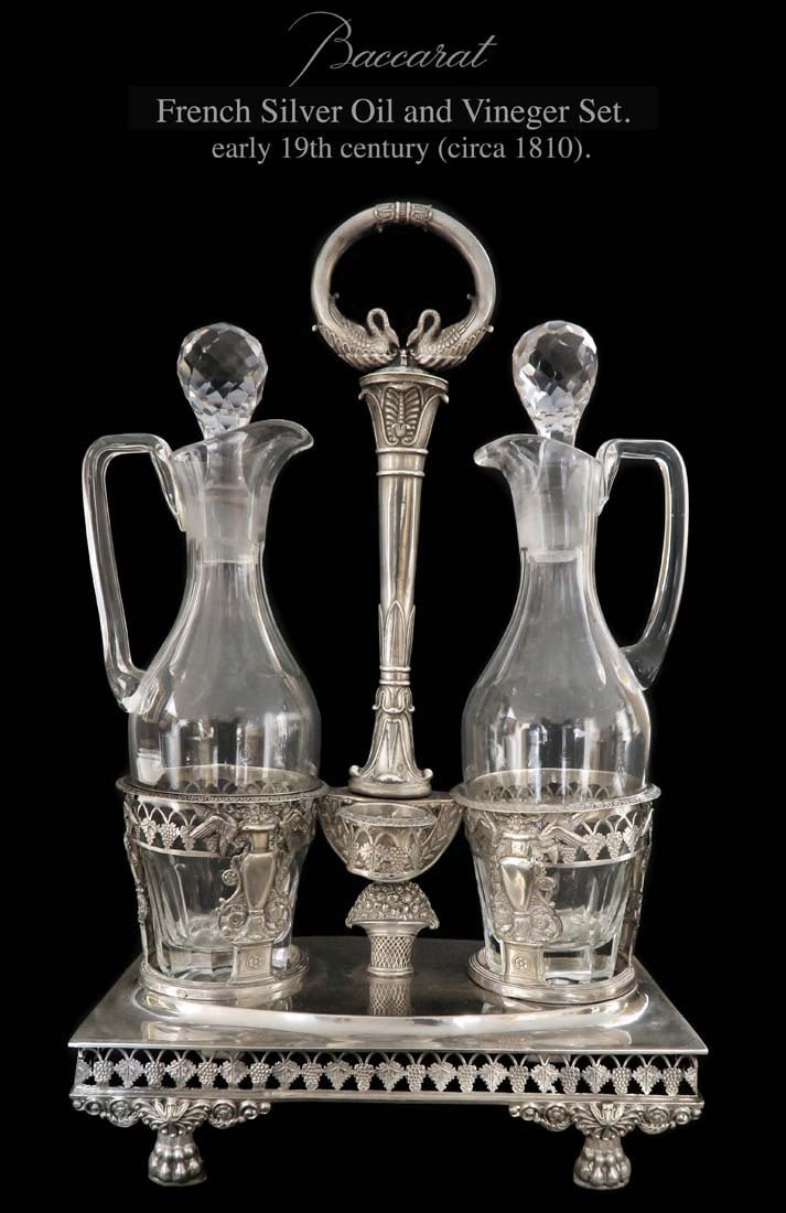 19th C. French Silver Vinegar & Oil Cruet Set: 19th C. French silver vinegar and oil cruet set. H 14" x 9" x 4.1/2"