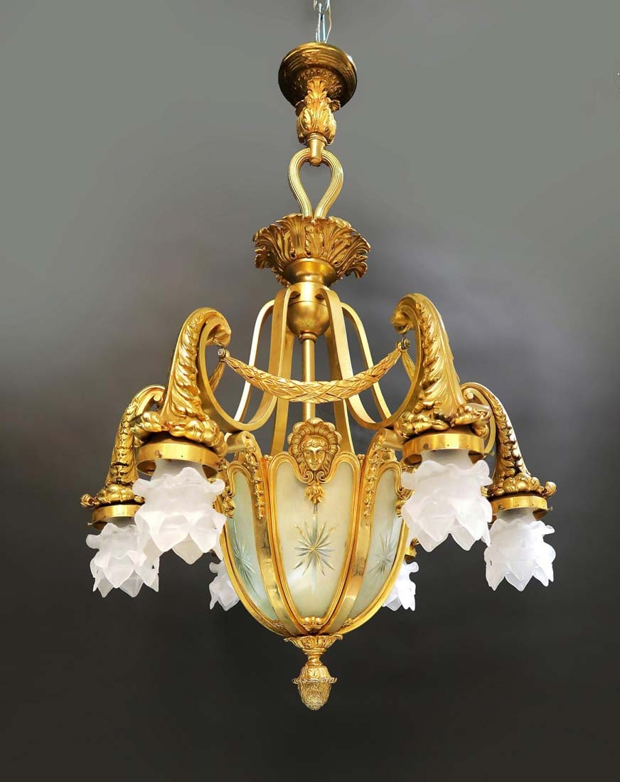 19th C. Figural Bronze & Crystal Chandelier 7-light: 19th C. French Figural Bronze & Crystal Chandelier 7-light. H 36" x W 28"