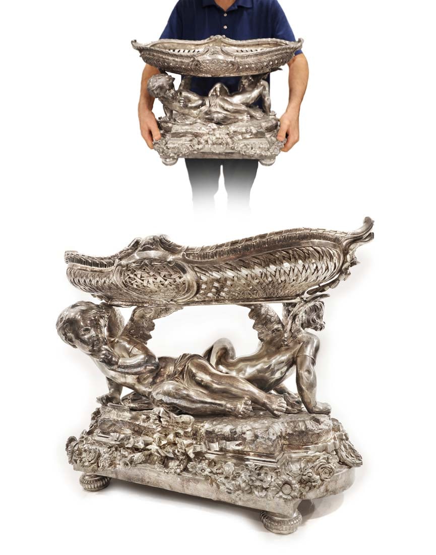 19th C. Monumental French Silver-Plated Figural Centerpiece: 19th C. Monumental French Silver-Plated Figural Centerpiece. W 20" x H 14"