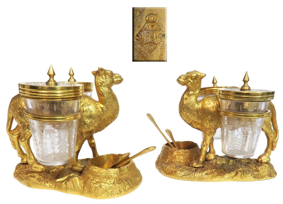 Pair of Gilt Bronze Crystal Camel Figural Condiment Set: A Pair of Gilt Bronze & Crystal Figural Condiment Set in camel-shaped. English, circa 1858 With registered design stamp. 5" x 3" x 3.3/4"