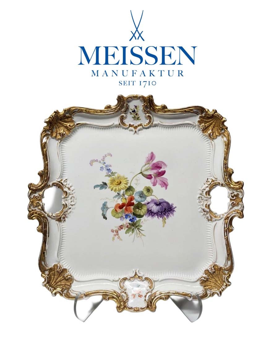 A Large Meissen Hand Painted Porcelain Floral Square Platter Tray: A Large German Meissen Hand Painted Porcelain Floral Square Platter Tray. Hallmarked. 16" x 16"