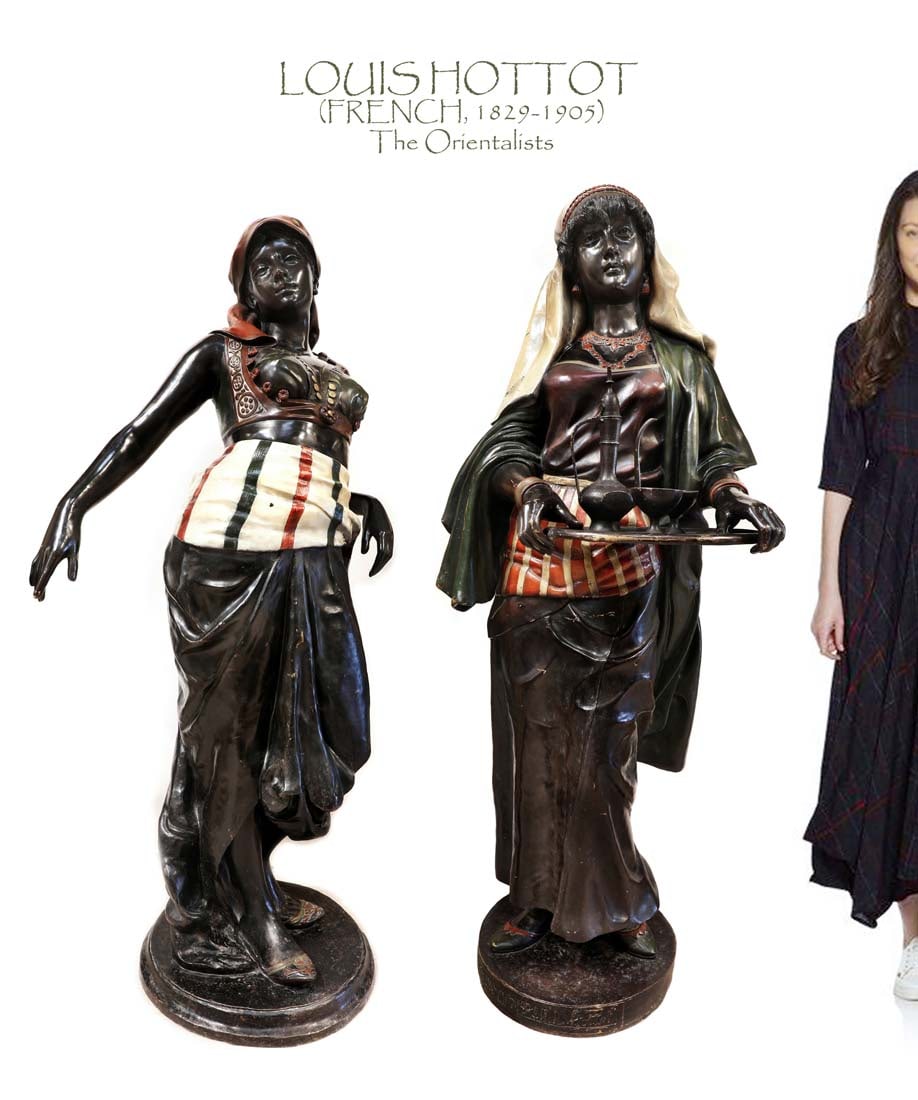 LOUIS HOTTOT Pair of Life Size Female Orientalist Bronze Sculptures, Signed: LOUIS HOTTOT (FRENCH, 1829-1905) Pair of Life Size Female Orientalist Bronze Sculptures, Signed. H 64". About Artist: Louis Hottot (1829-1905) was a 19th Century French sculptor, who specialized produ
