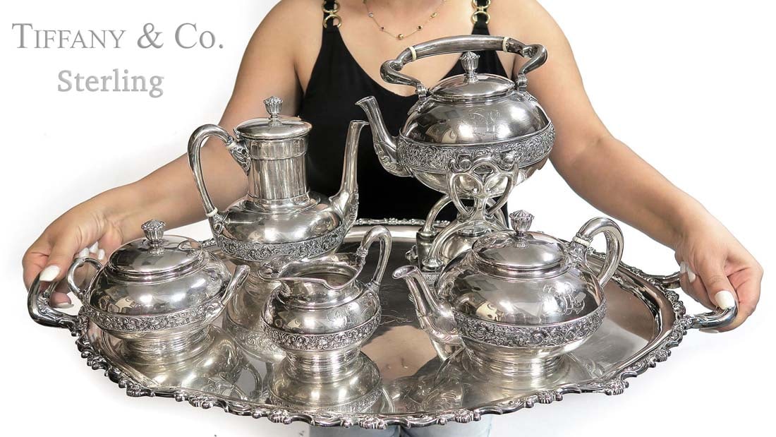 Large St. Silver Tiffany & Co Tea Set on Silver EP Tray: Large Sterling Silver Tiffany & Co Tea Set on Silver Electroplated Tray. Tiffany & Co. Signed on all pieces. Note: the Tray is silver-plated, total tea set silver weight: 3847 Grams.