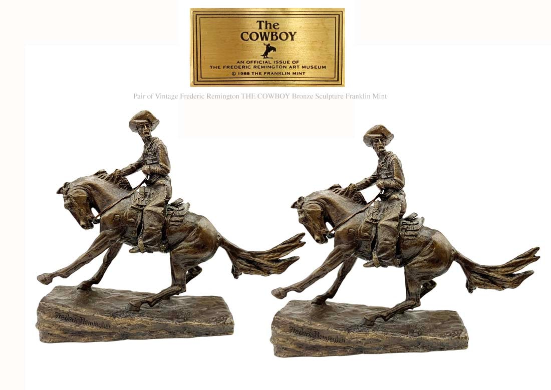 A Pair of Vintage Fredric Remington Signed The Cowboy Bronze Statues: A Pair of Vintage Franklin mint The Cowboy Fredric Remington Signed Bronze Sculptures. W 8" x H 6"