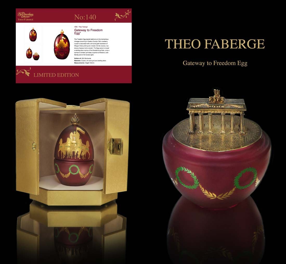 Faberge Gateway to Freedom Egg by Theo Faberge, COA: Faberge Gateway to Freedom Egg by Theo Faberge Limited edition 140/250. The Freedom Egg stands testimony to the momentous changes occurring in Eastern Europe. Rich cranberry crystal is decorated with 