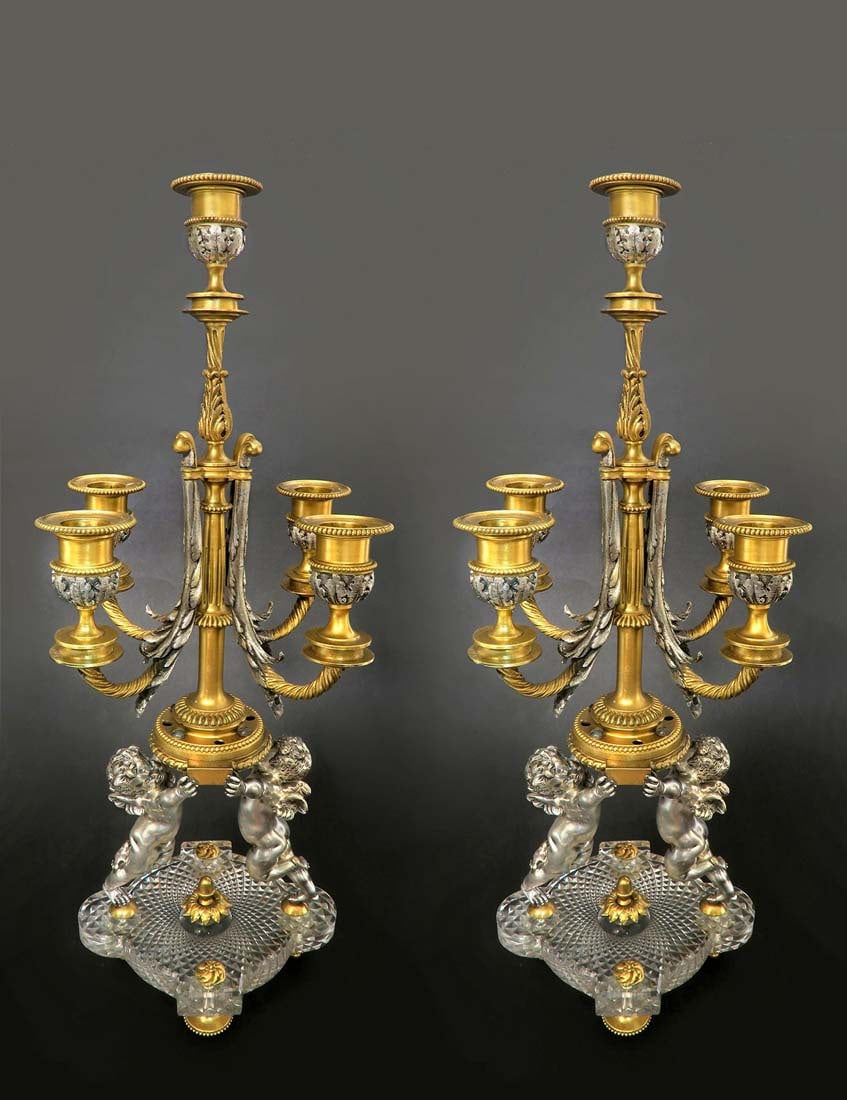 19th C. Pair of Bronze & Baccarat Crystal Candelabras: 19th C. Pair of Bronze & Baccarat Crystal Candelabras, French, Signed. H 19" x D 8"