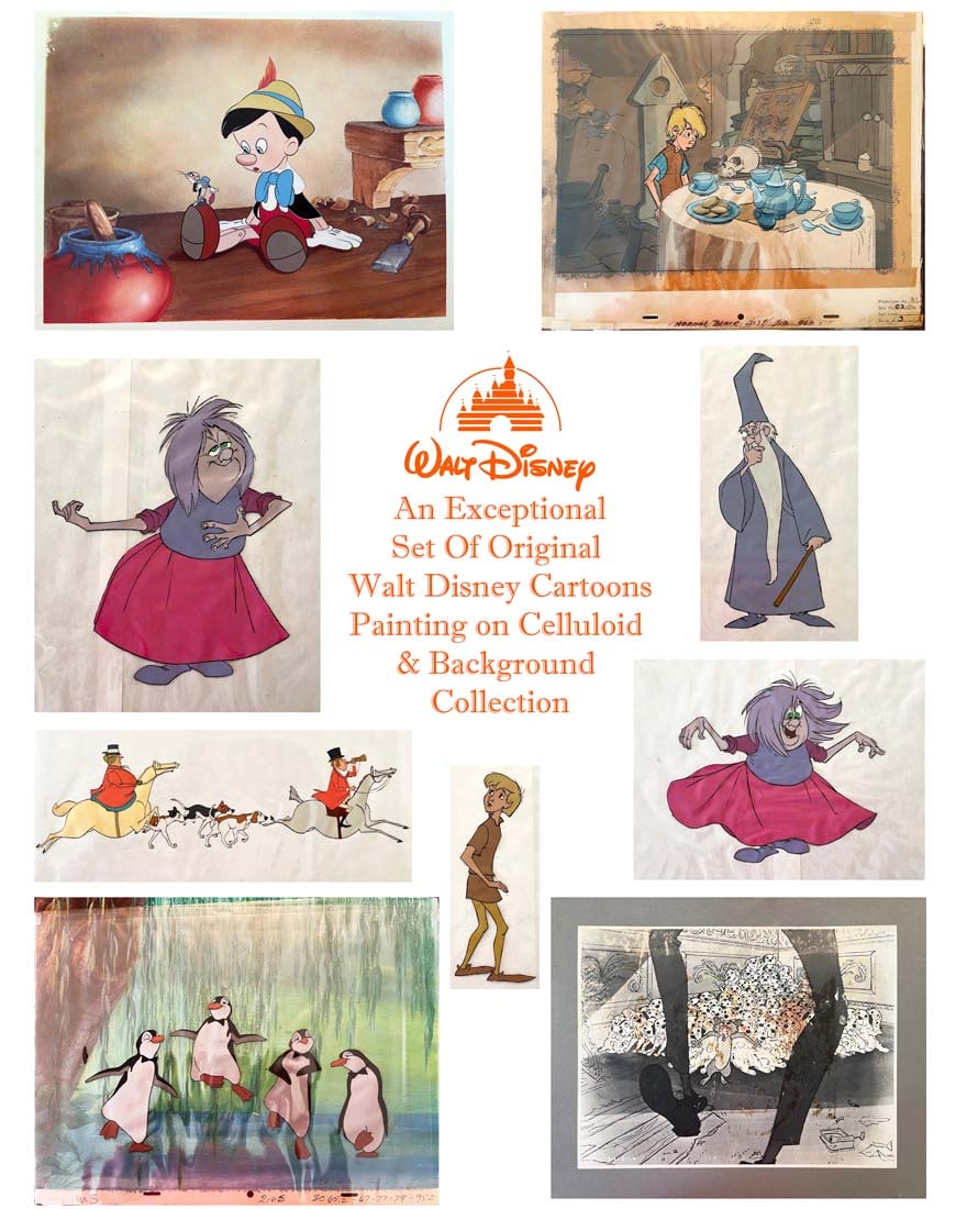 A Fine Set Of Walt Disney Cartoons Painting Collection: An Exceptional Set Of 9 Panels Original Walt Disney Cartoons Painting on Celluloid & Background Collection. Provenance: A private collector from Beverly Hills. One of the panels has a Walt Disney