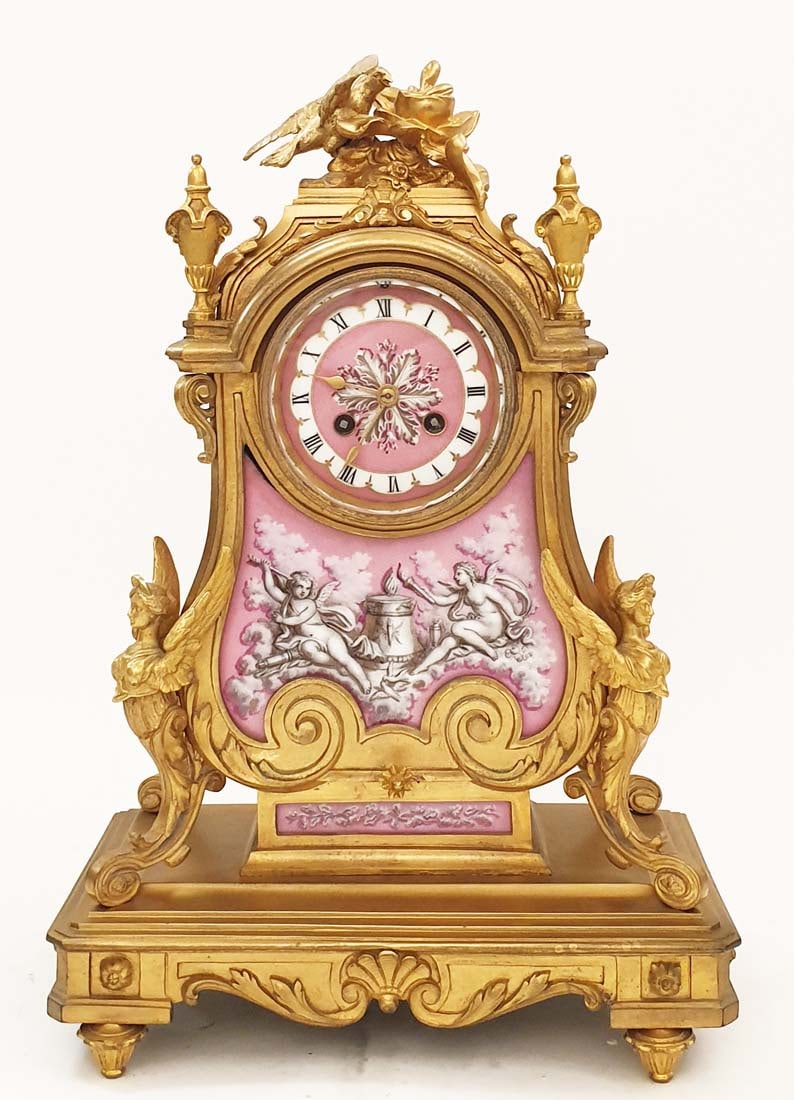 19th C. French Sevres Pink Plaques Figural Bronze Desktop Clock: 19th C. French Sevres Pink Plaques Figural Bronze Desktop Clock. H 15.5" x 10" x 5.5"