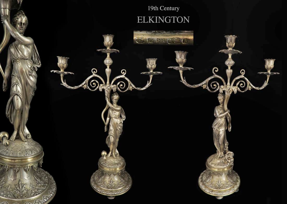 Large Pair of Elkington Silver-Plated Candelabras: 19th C. English Elegant Large Pair Elkington & Co. Silver-Plated Figural Candelabras. H 25"