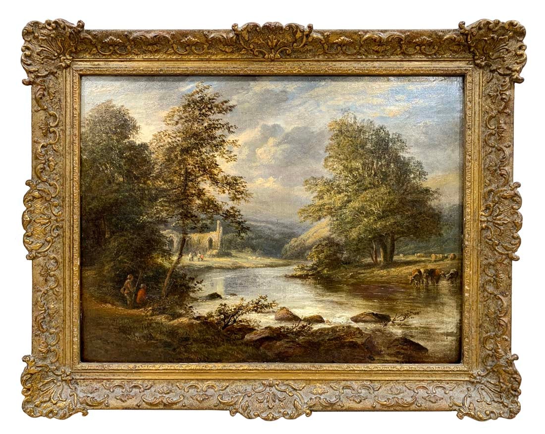 Riverside Landscape, A 19th Century Oil on Canvas Painting: Riverside Landscape, A 19th Century Oil on Canvas Painting. 17.5" x 22"