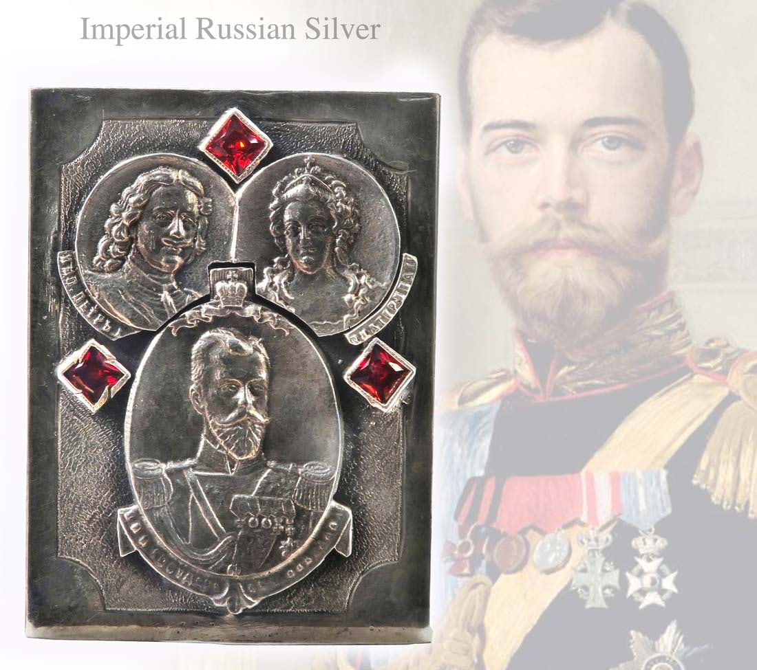 IMPERIAL RUSSIAN SILVER JEWELED MATCH BOX COVER: IMPERIAL RUSSIAN FABERGE STYLE SILVER 84 JEWELED MATCH BOX COVER. 2" x 1.5" x D 0.5", Weight: 36 Grams