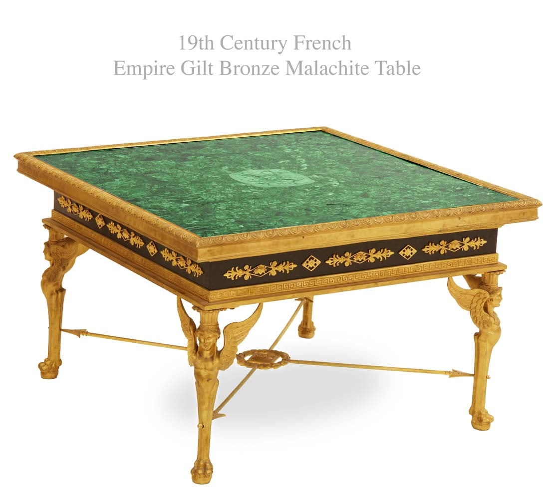 19th C. French Empire Figural Gilt Bronze & Malachite Table (1 of 1)