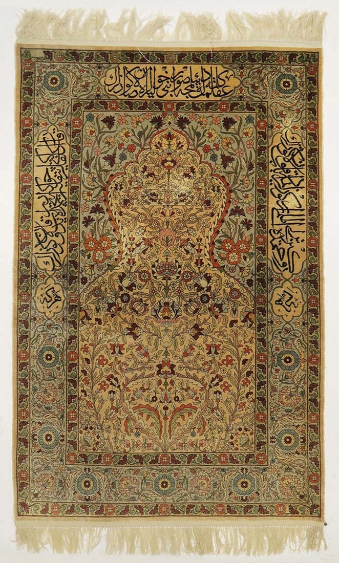 A Large Turkish Hereke Silk Prayer Rug: Large Turkish Hereke Silk Prayer Rug. 64" x 39.5"