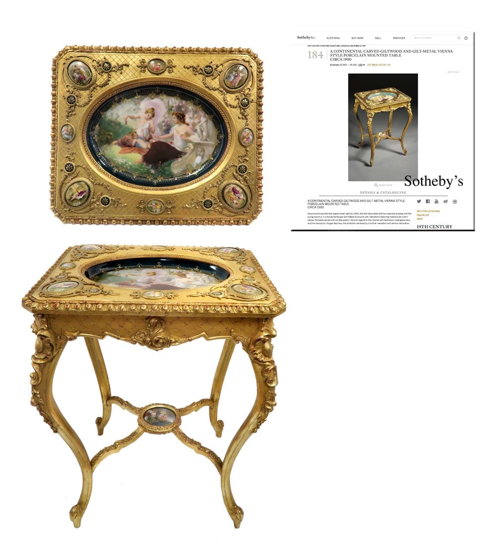 A ROYAL VIENNA CARVED GILTWOOD BRONZE PLAUQES TABLE: A CONTINENTAL ROYAL VIENNA CARVED GILTWOOD & HAND PAINTED PORCELAIN SIGNED PLAUQES & BRONZE MOUNTED TABLE. 19th Century, Austrian. H 29.5" x 18" x 22"
