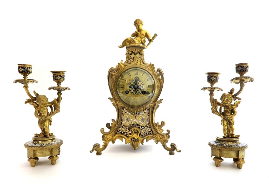 19th C. Judaica Champleve & Bronze Clock Set: 19th C. Judaica Champleve & Bronze Clock Set, French, Clock: H 12" x 4.3/4" x 7.3/4", Candelabras: H 7.1/2" x 4" x 2.3/4"