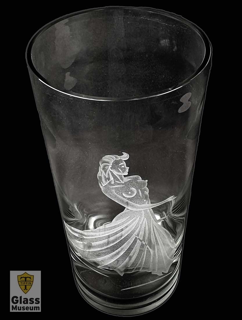 The Beautiful Naked, A Rare Large Tiffin Glass Vase: The Beautiful Naked, A Rare Large American Tiffin engraved Glass Vase. Product Number: #5859. Circa: 1940'S. Measurements: H 12" x Top Diameter 6.25" x bottom Diameter 4 1/2". About: In July 1888, it 