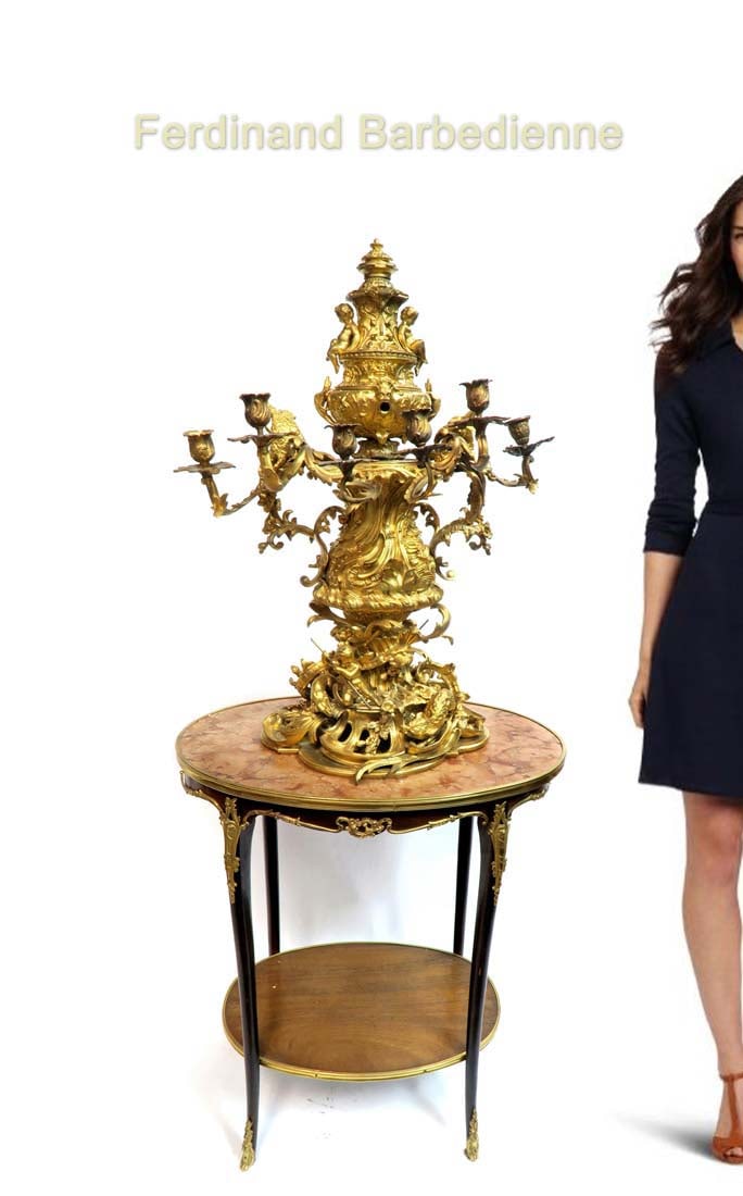 Large Figural Centerpiece signed Ferdinand Barbedienne: 19th C. large Figural bronze centerpiece signed Ferdinand Barbedienne. Note: The table is NOT included! H 31" x W 22"