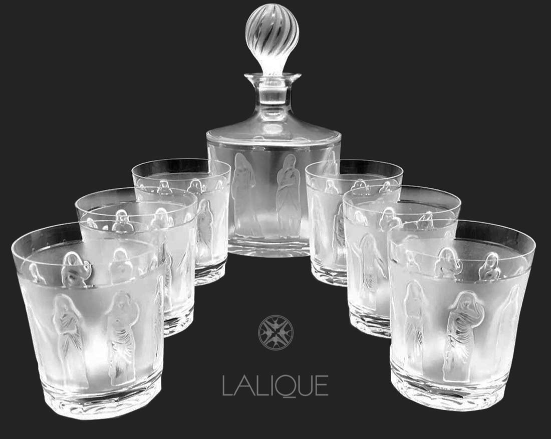 A LALIQUE Femmes Crystal Set of Decanter & Tumblers, Signed: A French LALIQUE Femmes Clear & Frosted Crystal Set of Decanter & Tumblers, Signed. Circa 1960. Set of 1 Decanter (H 10") and 6 Tumbler glass (H 4").