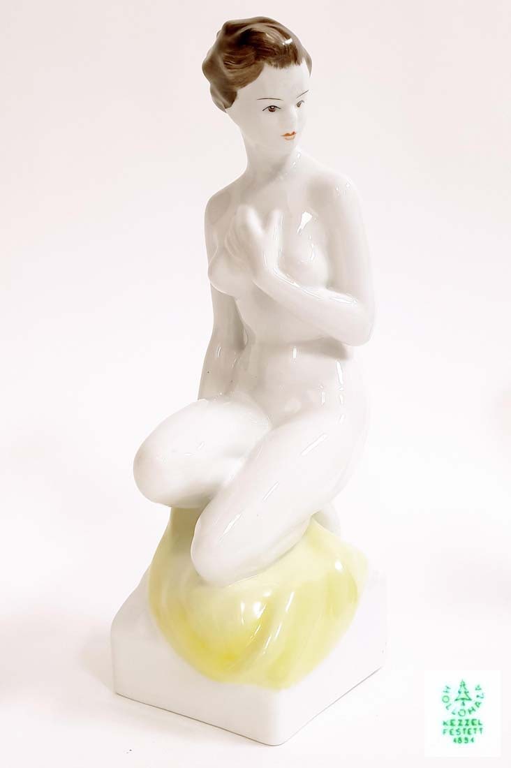 A Large Hollohaza "Nude Female on Pedestal" Figurine: A Large Hollohaza "Nude Female on Pedestal" Hand Painted Porcelain Statue. Hungarian Hollohaza Porcelain Stamped. H 11.3/8"