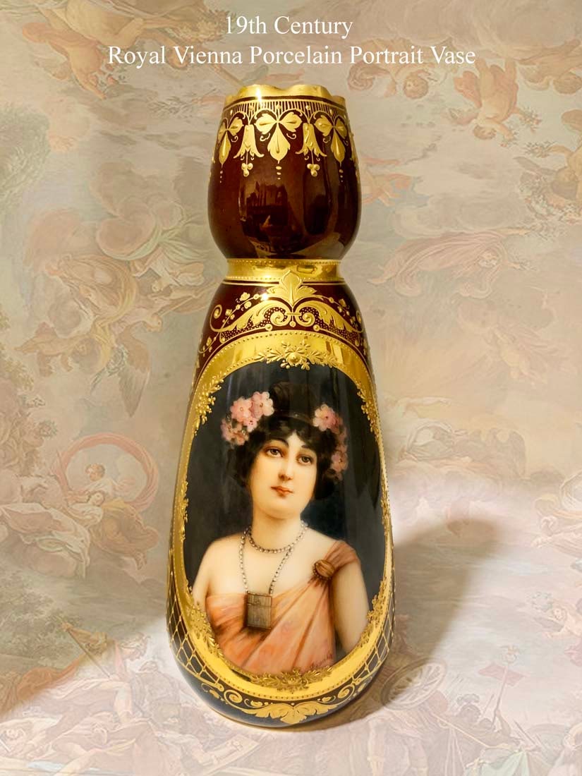 19th C. Royal Vienna Hand Painted Porcelain Vase, Artist Signed: 19th C. Austrian Royal Vienna Hand Painted Portrait Porcelain Vase, Artist Signed. H 7"