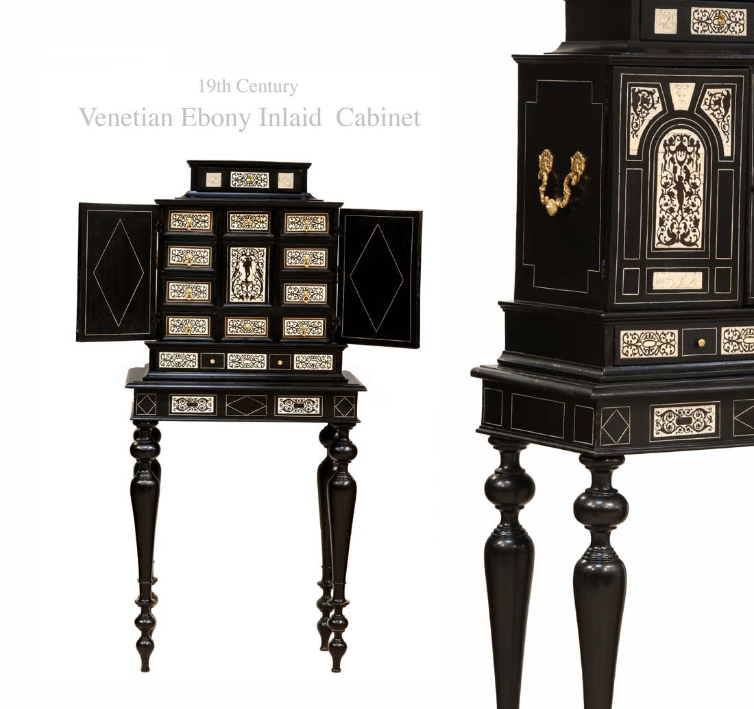 19th C. Italian Venetian Ebony Inlaid Commode Cabinet: 19th C. Italian Venetian Ebony Inlaid Commode Cabinet. 13.5" x 24" x H 52"