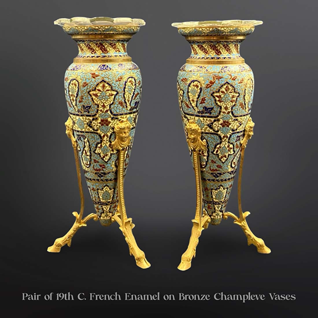 A Pair of 19th C. French Champleve Enamel Bronze Vases: A Pair of 19th C. French Champleve Enamel Bronze Vases. sizes for Each: H 11" x L 5" x W 4.25"