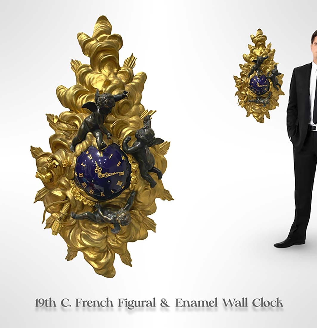 19th C. French Enamel Figural Bronze Wall Clock (1 of 6)