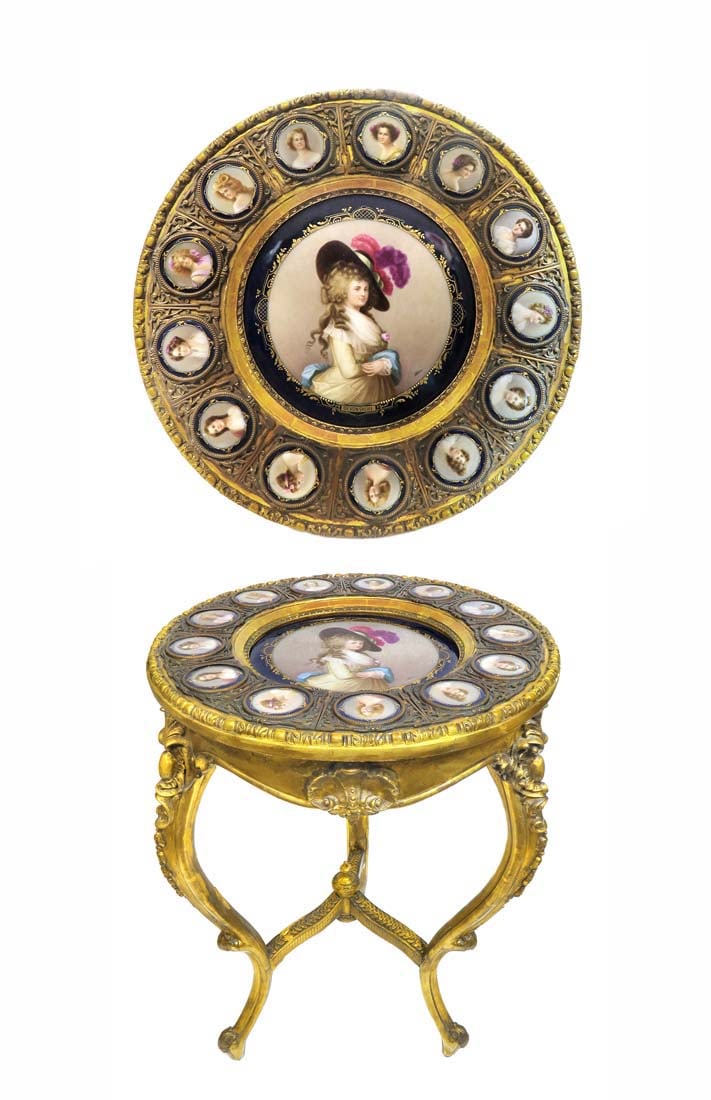 ORMOLU SEVRES GILTWOOD GUERIDON CIRCULAR TABLE, 19TH C.: 19th C. ORMOLU AND SEVRES COBALT-BLUE-GROUND PORCELAIN-MOUNTED GILTWOOD GUERIDON CIRCULAR TABLE. The circular top inset with a shallow dish painted with a portrait of The Dutchess of Devonshire,