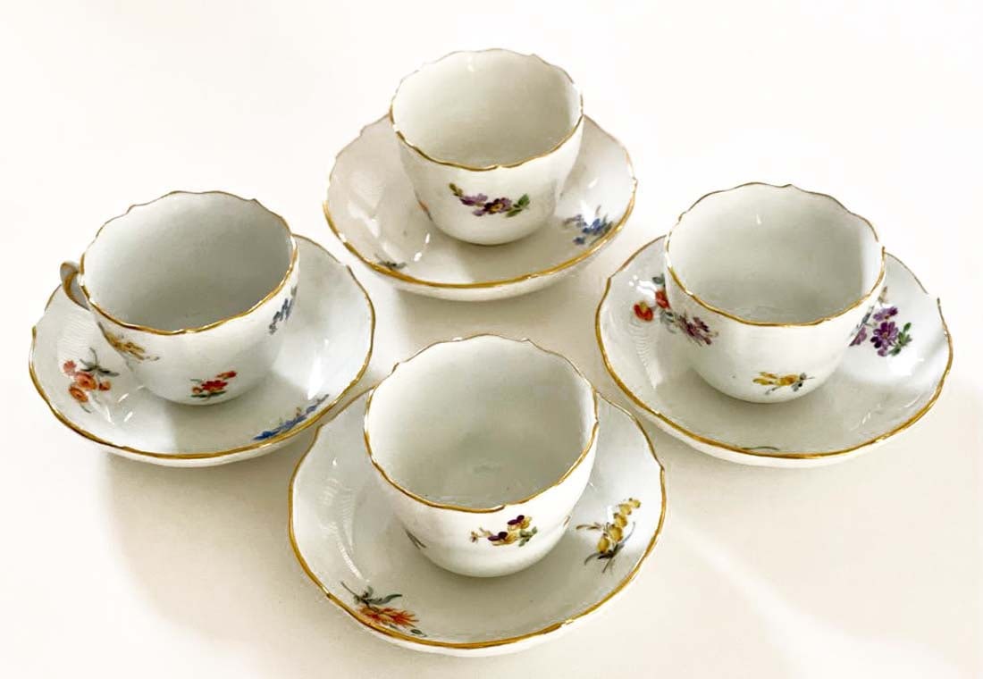 A Meissen Demitasse Cup & Saucer Set (4 Pieces): A German Meissen Hand Painted Porcelain Demitasse Cup & Saucer Set (4 Pieces). Cups opening diameter: 2.1/2"